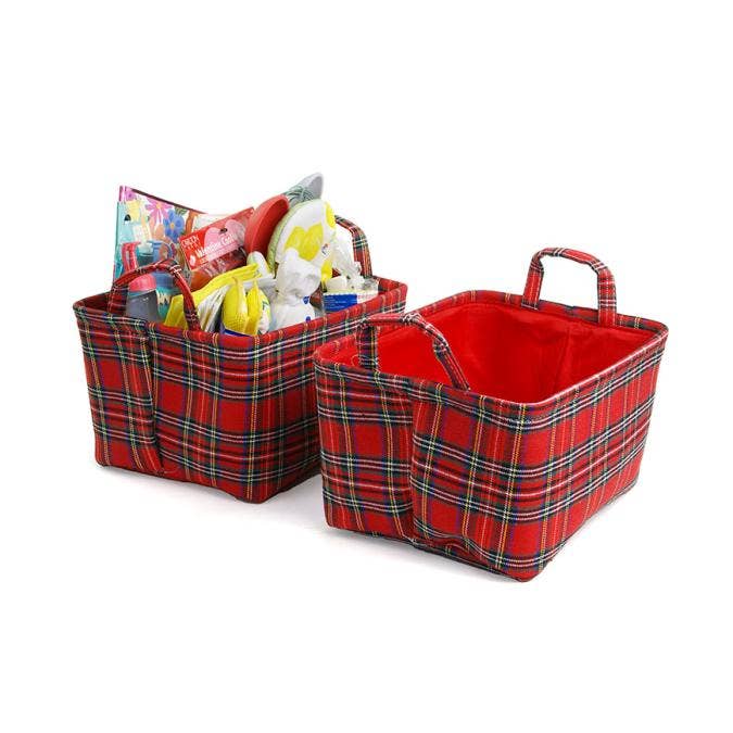 14" Red plaid rectangular cloth basket